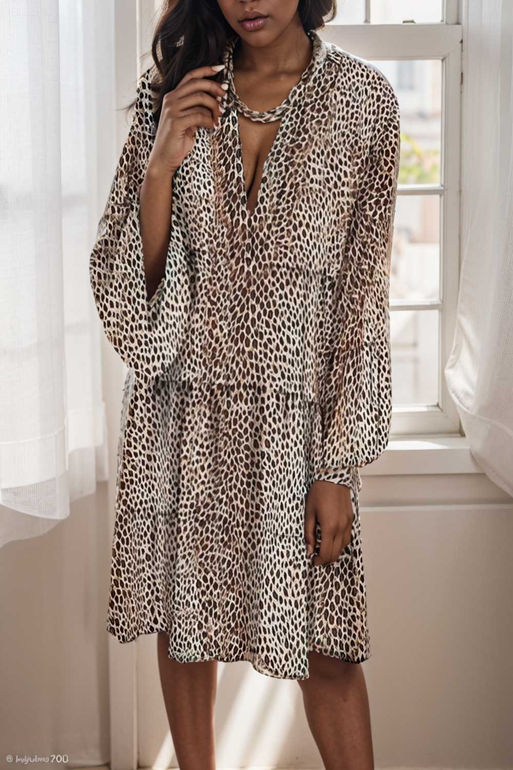loose leopard print v neck dress drop shoulder a line closed cape paneled 132959