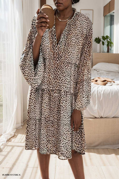 loose leopard print v neck dress drop shoulder a line closed cape paneled 105185