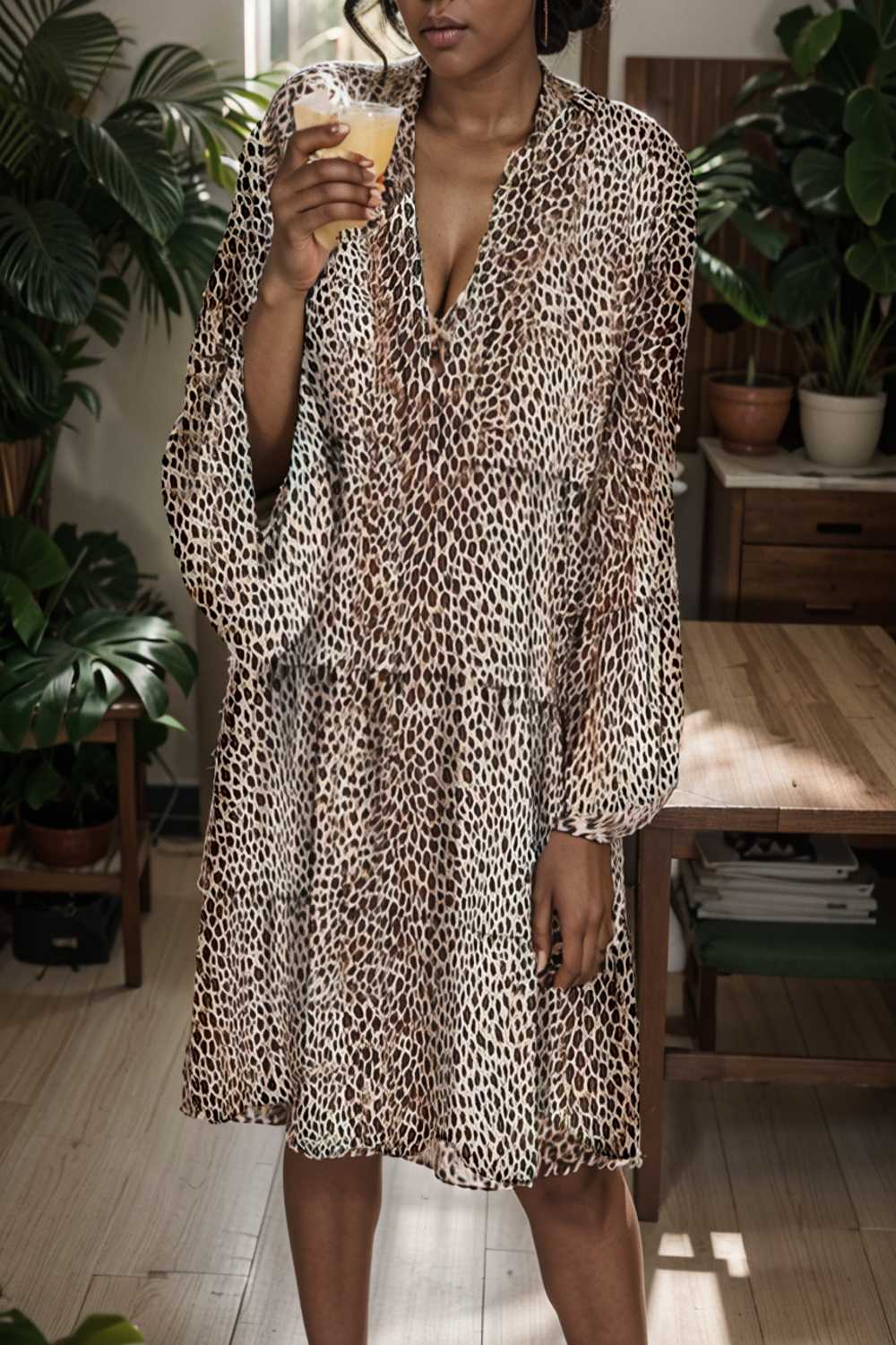 loose leopard print v neck dress drop shoulder a line closed cape paneled 132958