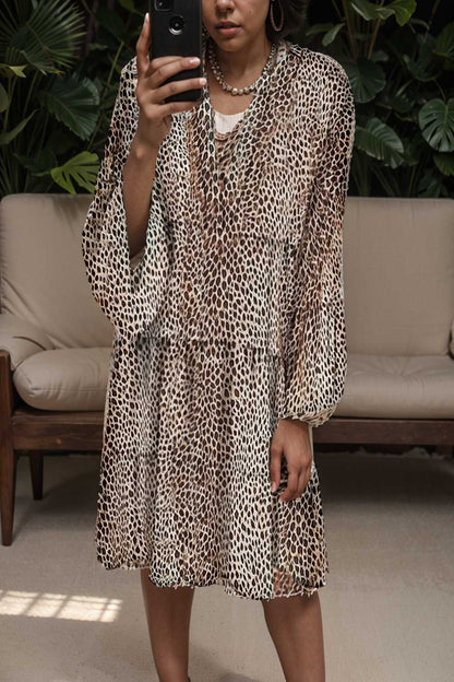 loose leopard print v neck dress drop shoulder a line closed cape paneled 126983