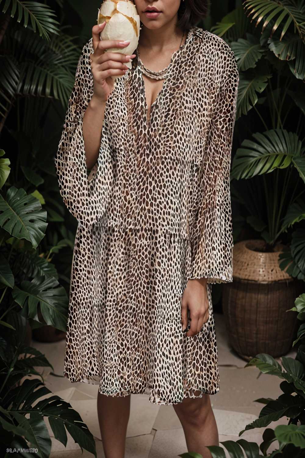 loose leopard print v neck dress drop shoulder a line closed cape paneled 132957