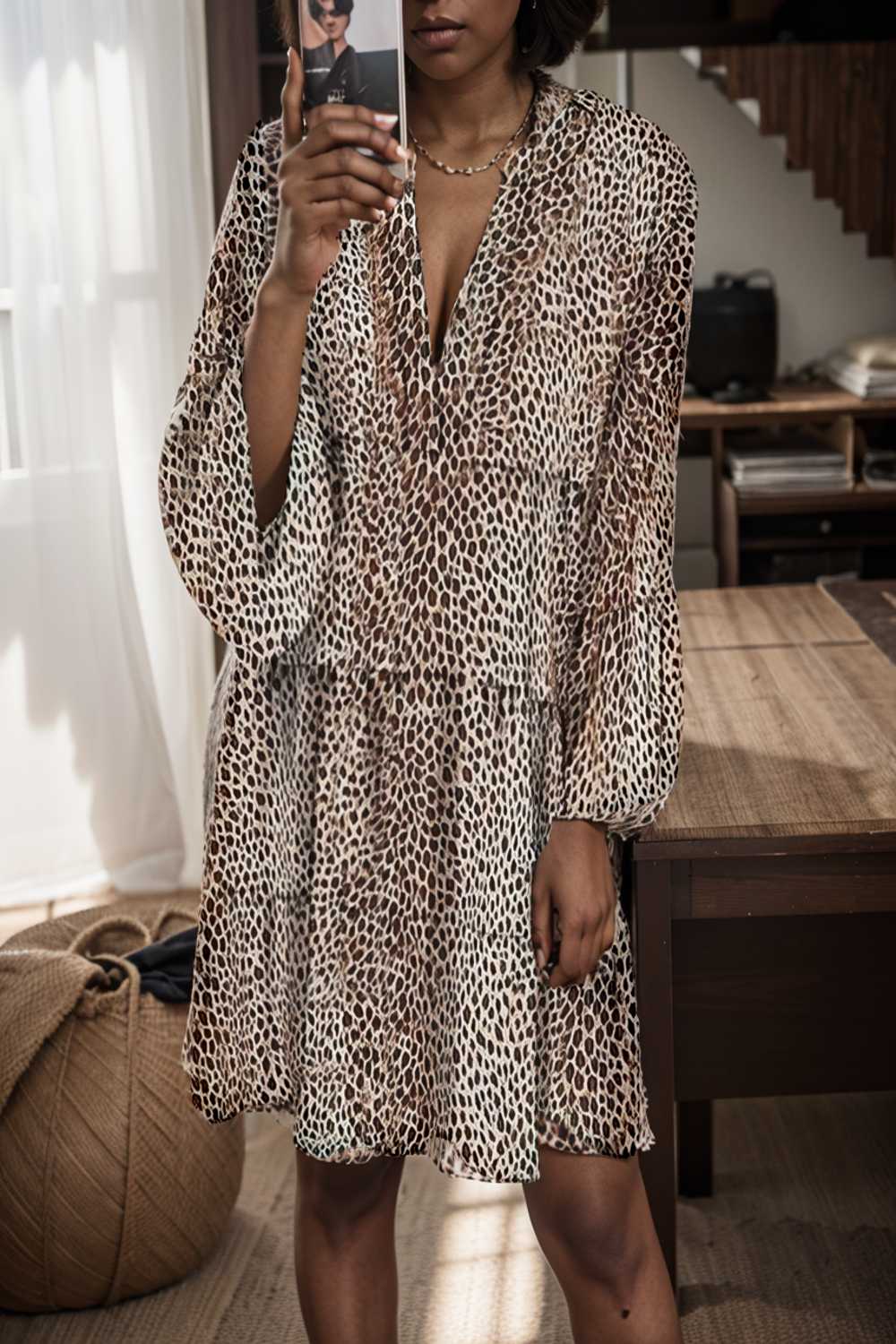 loose leopard print v neck dress drop shoulder a line closed cape paneled 147698