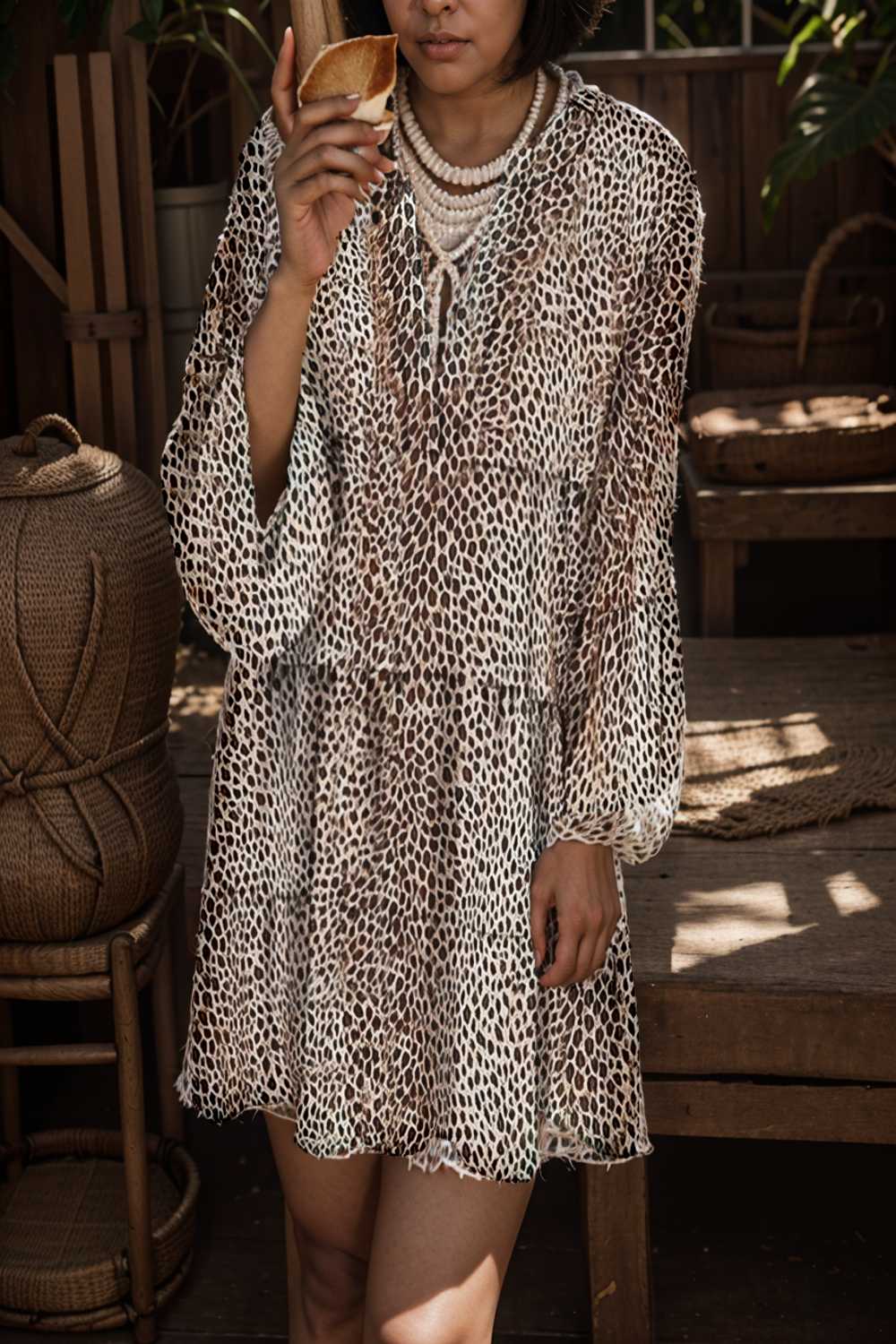 loose leopard print v neck dress drop shoulder a line closed cape paneled 118099