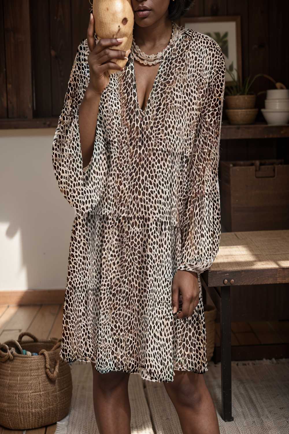 loose leopard print v neck dress drop shoulder a line closed cape paneled 132956