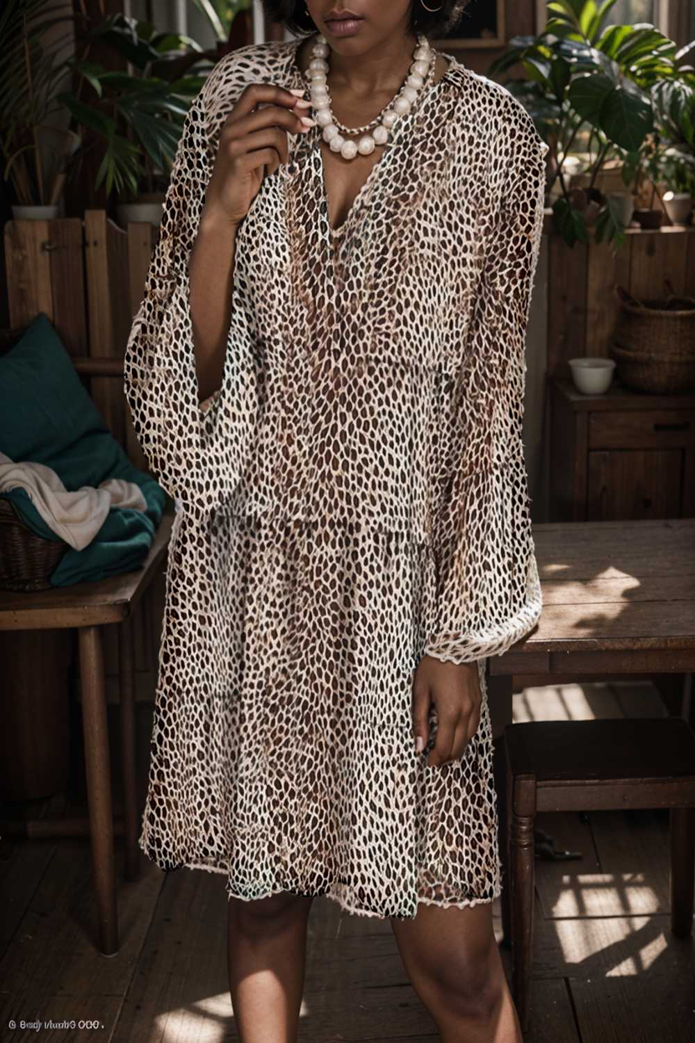 loose leopard print v neck dress drop shoulder a line closed cape paneled 132955