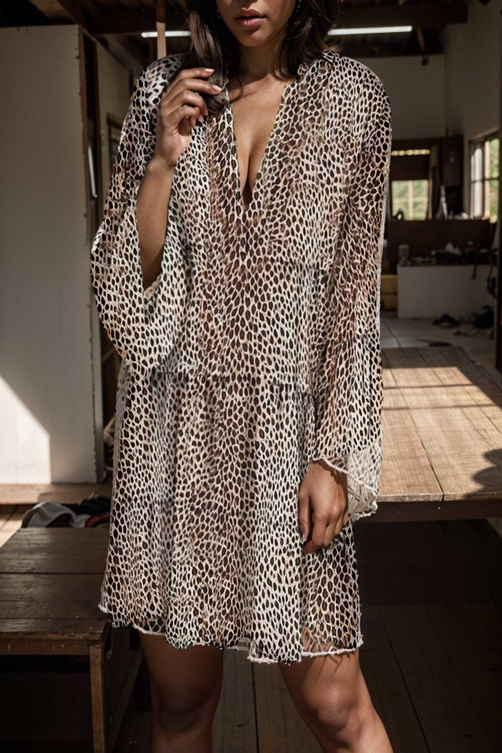 loose leopard print v neck dress drop shoulder a line closed cape paneled 132954