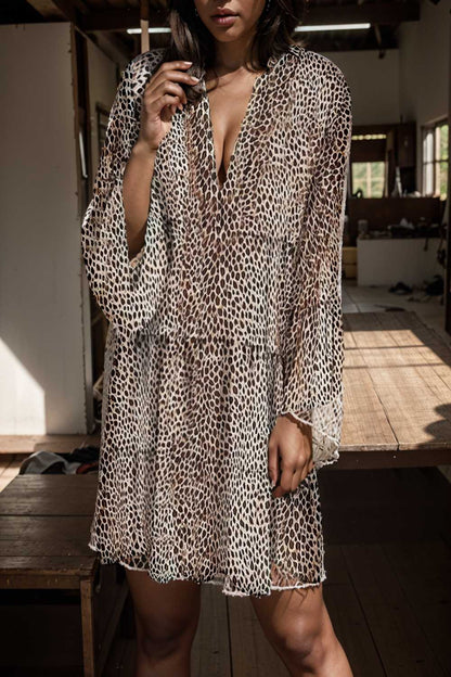 loose leopard print v neck dress drop shoulder a line closed cape paneled 132954
