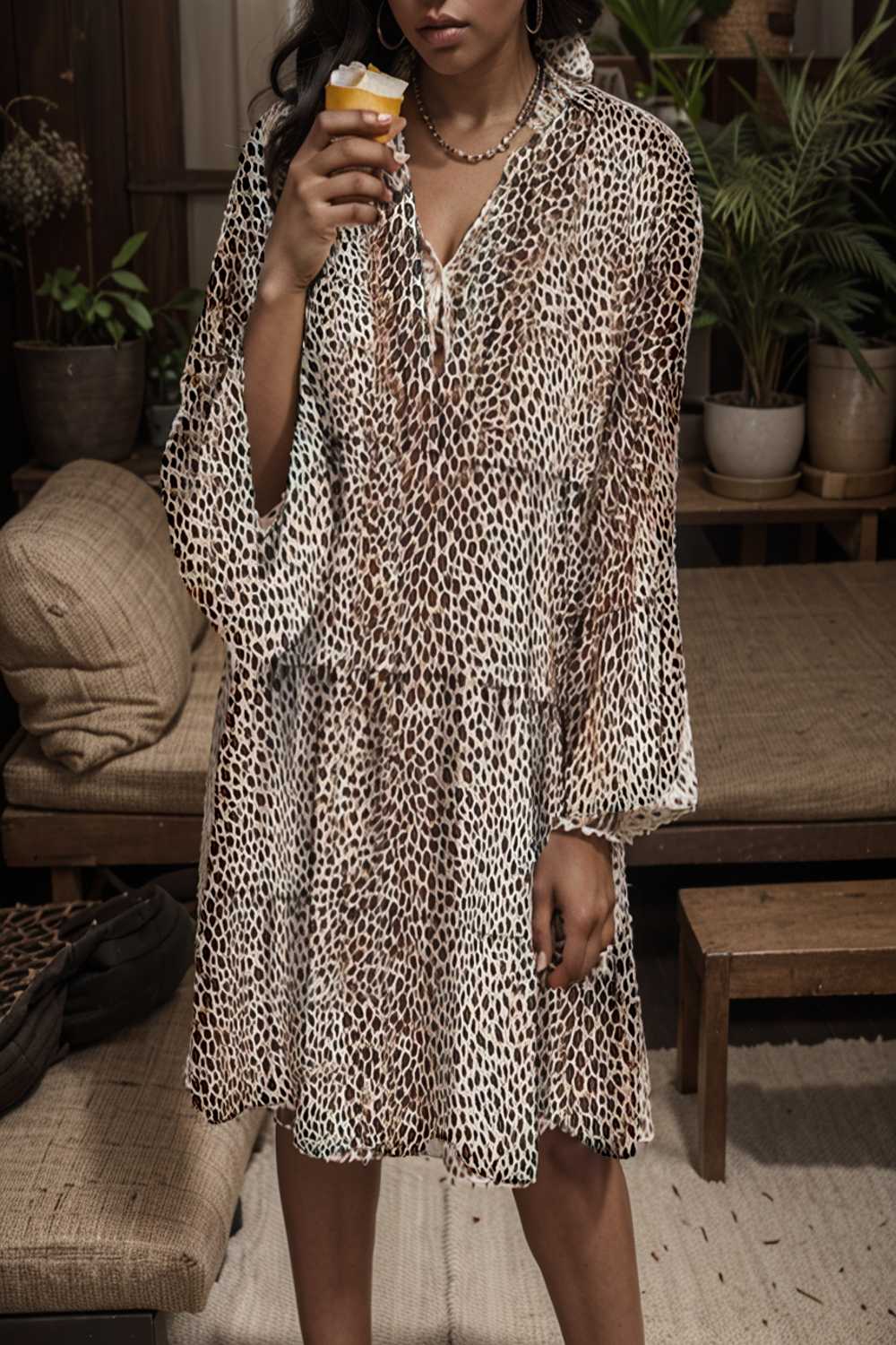 loose leopard print v neck dress drop shoulder a line closed cape paneled 142492