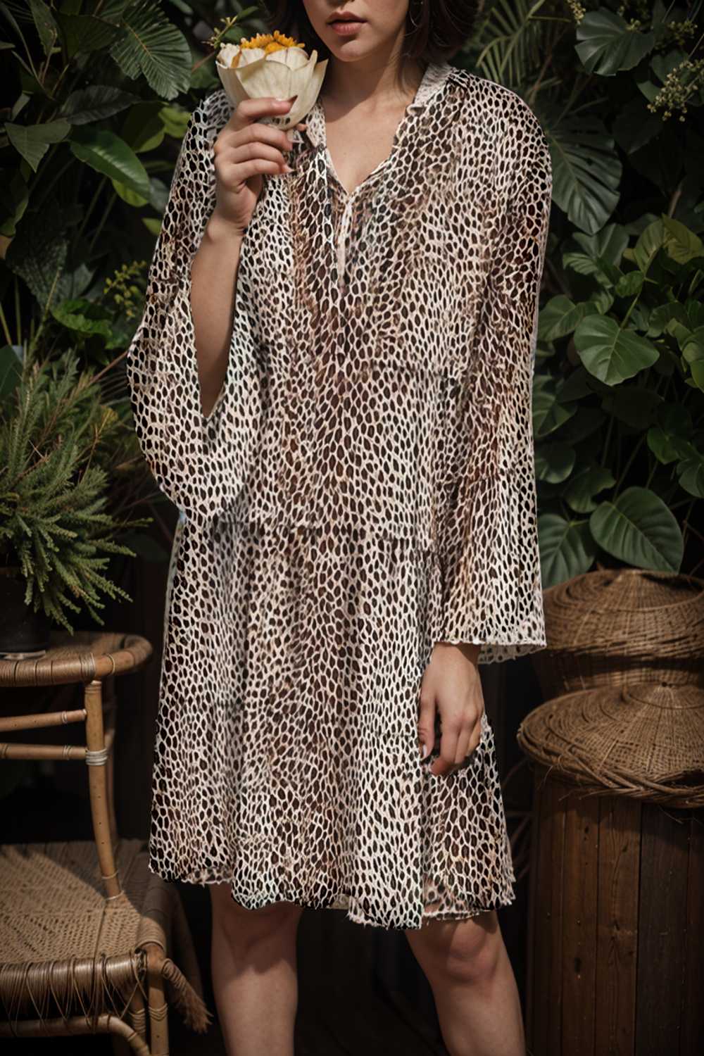 loose leopard print v neck dress drop shoulder a line closed cape paneled 132953
