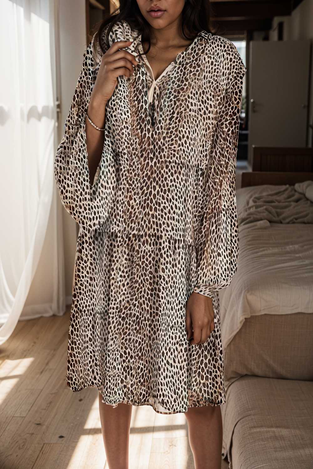 loose leopard print v neck dress drop shoulder a line closed cape paneled 105068