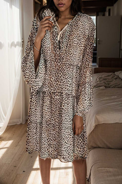 loose leopard print v neck dress drop shoulder a line closed cape paneled 105068