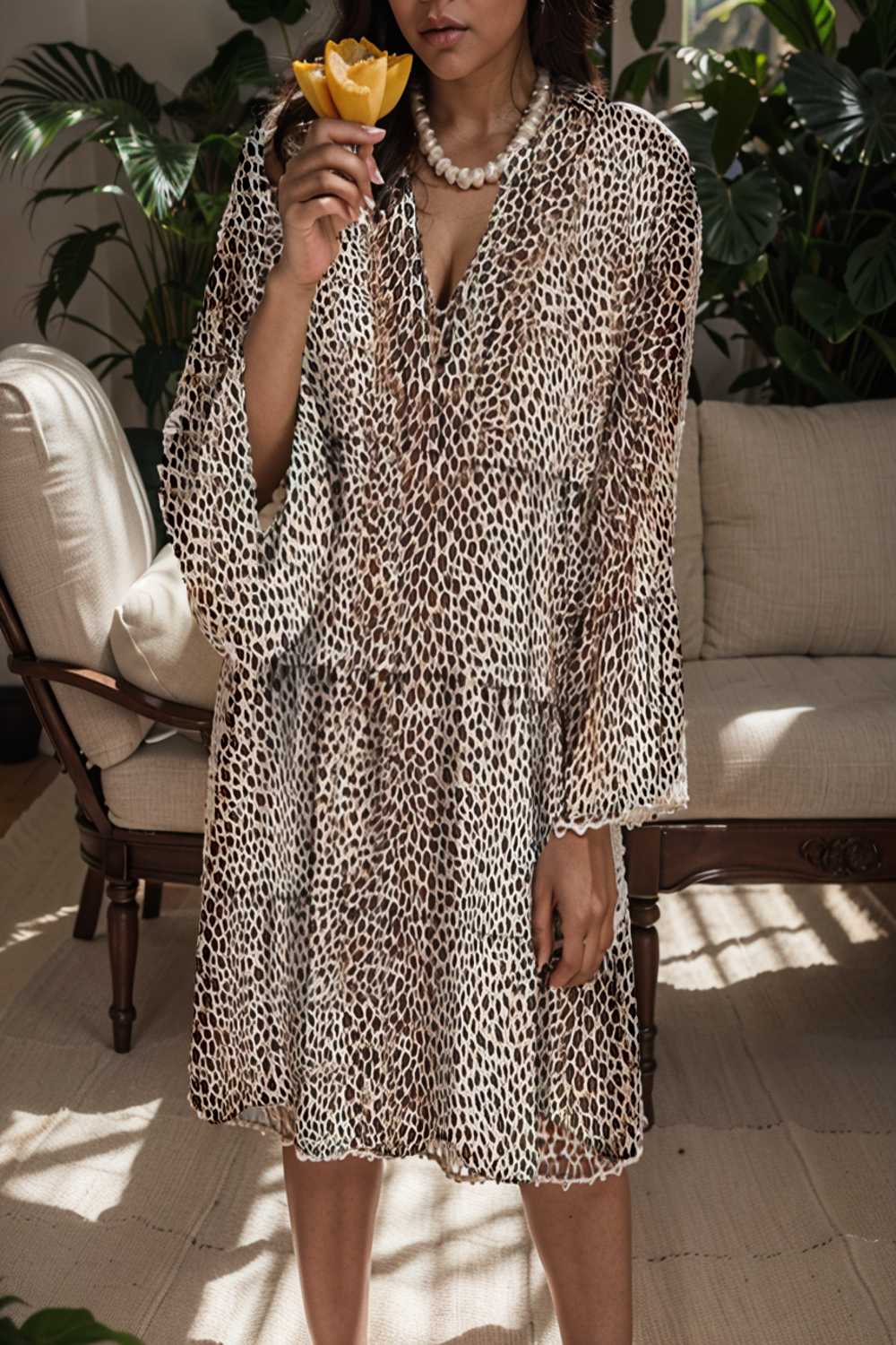 loose leopard print v neck dress drop shoulder a line closed cape paneled 142491