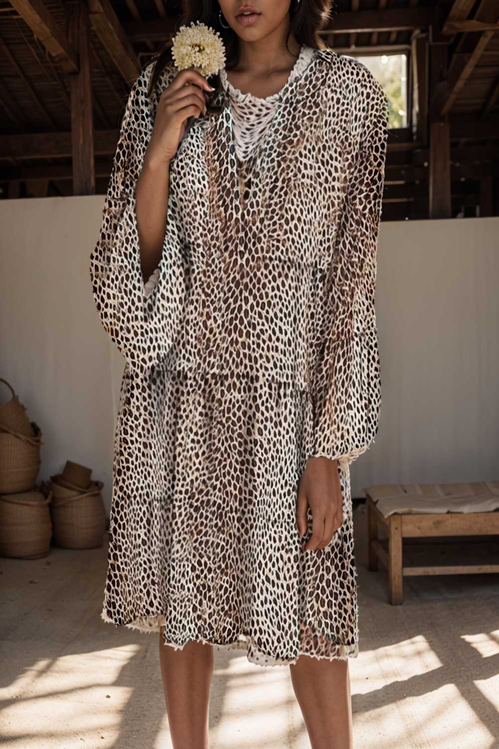loose leopard print v neck dress drop shoulder a line closed cape paneled 133109