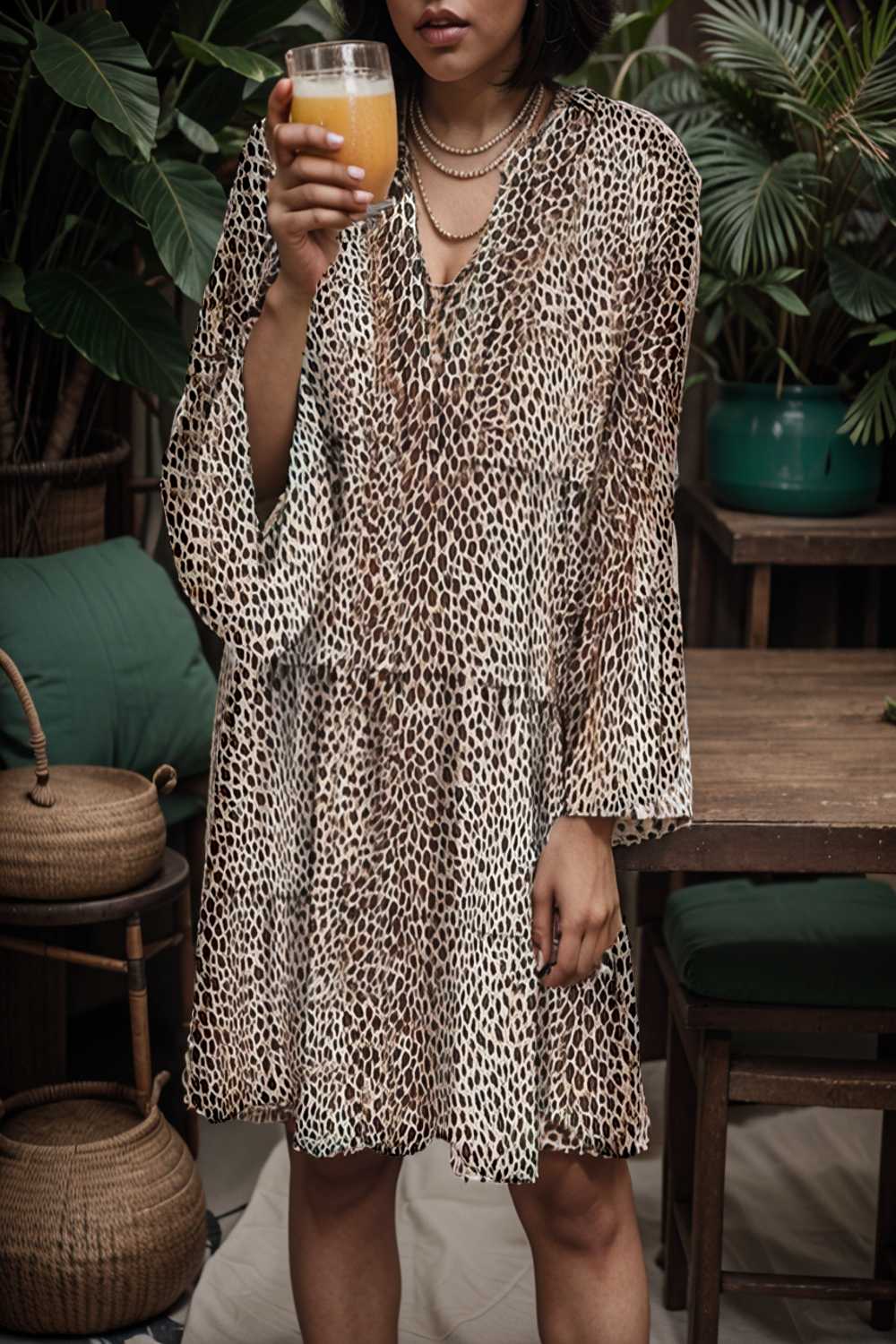 loose leopard print v neck dress drop shoulder a line closed cape paneled 142488