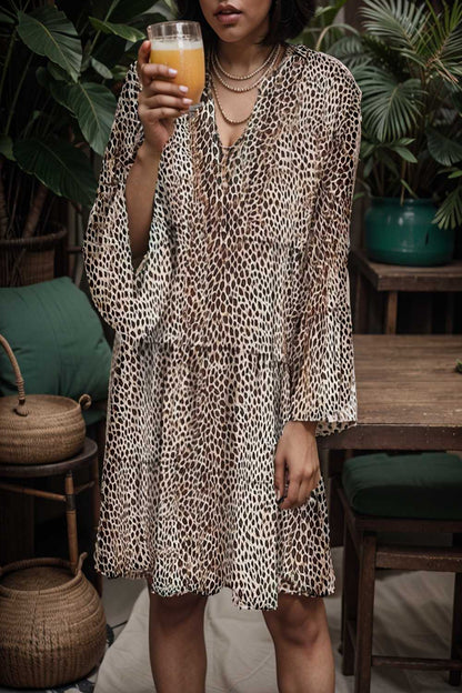 loose leopard print v neck dress drop shoulder a line closed cape paneled 142488