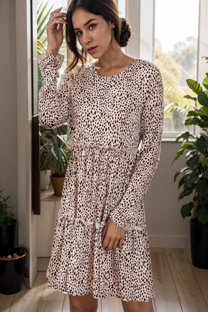 loose leopard print v neck dress drop shoulder a line closed cape paneled 127575