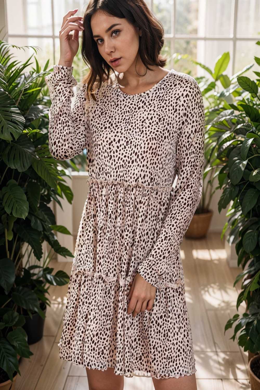 loose leopard print v neck dress drop shoulder a line closed cape paneled 136712