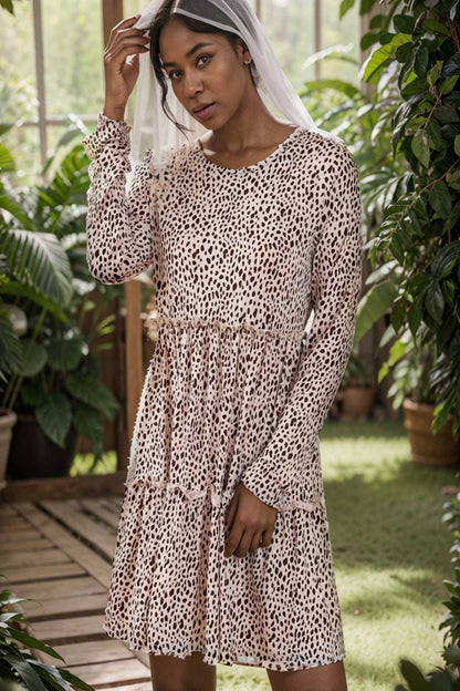 loose leopard print v neck dress drop shoulder a line closed cape paneled 126384
