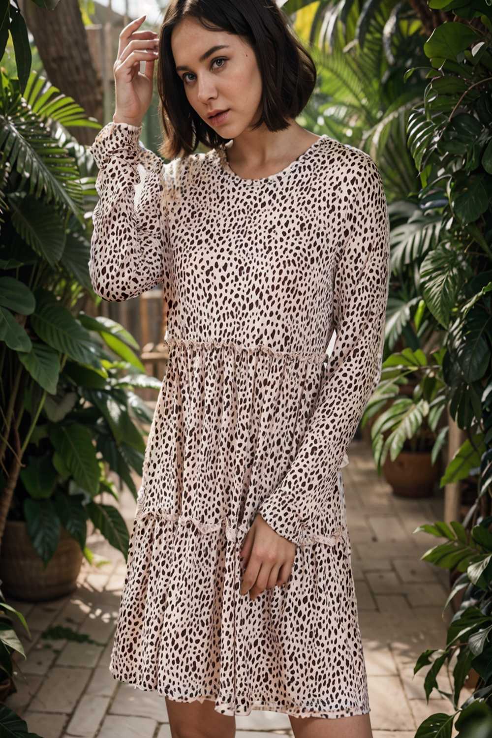 loose leopard print v neck dress drop shoulder a line closed cape paneled 132952