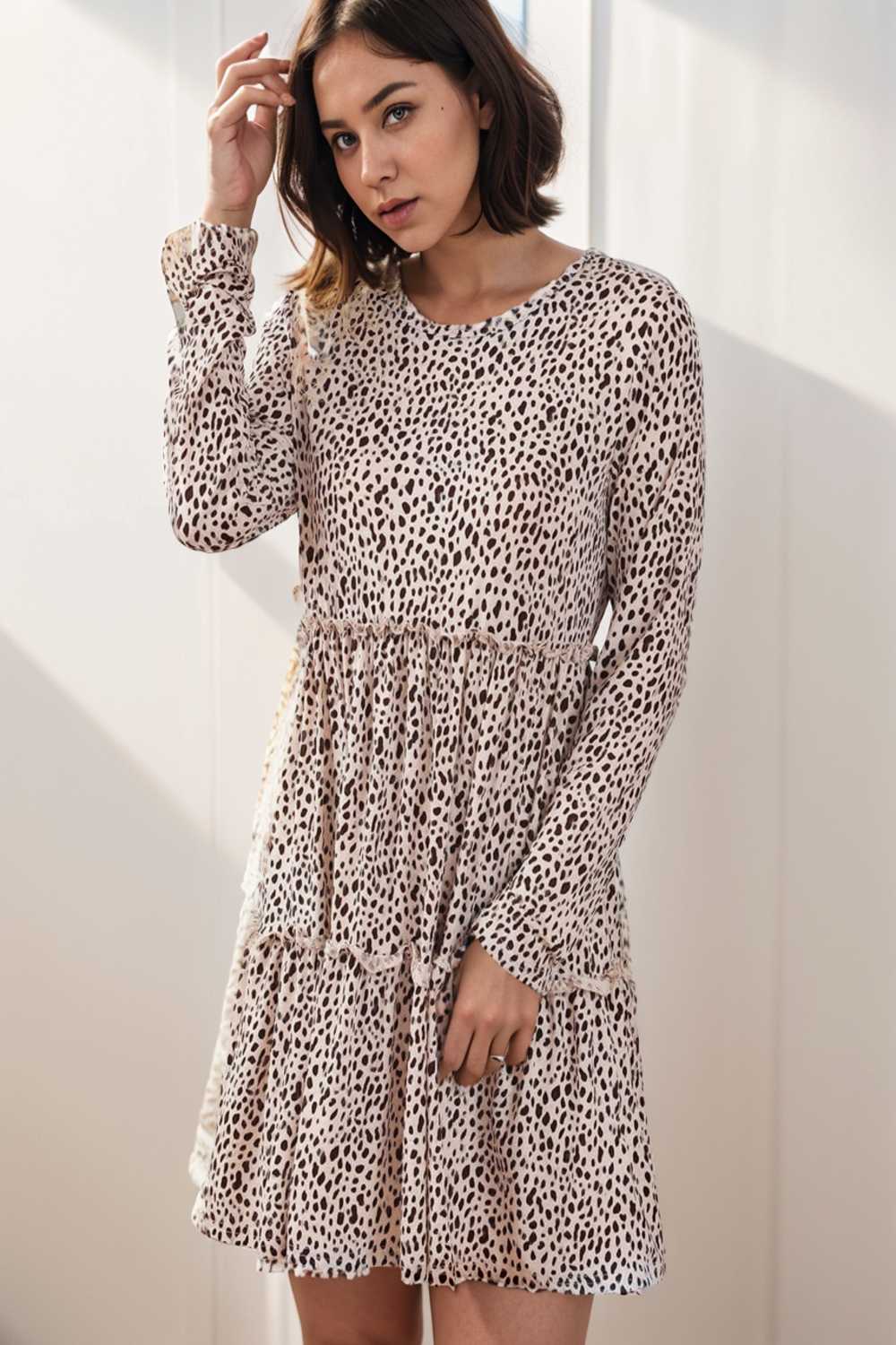loose leopard print v neck dress drop shoulder a line closed cape paneled 121490