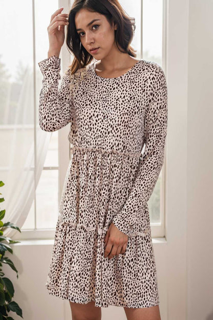 loose leopard print v neck dress drop shoulder a line closed cape paneled 105184