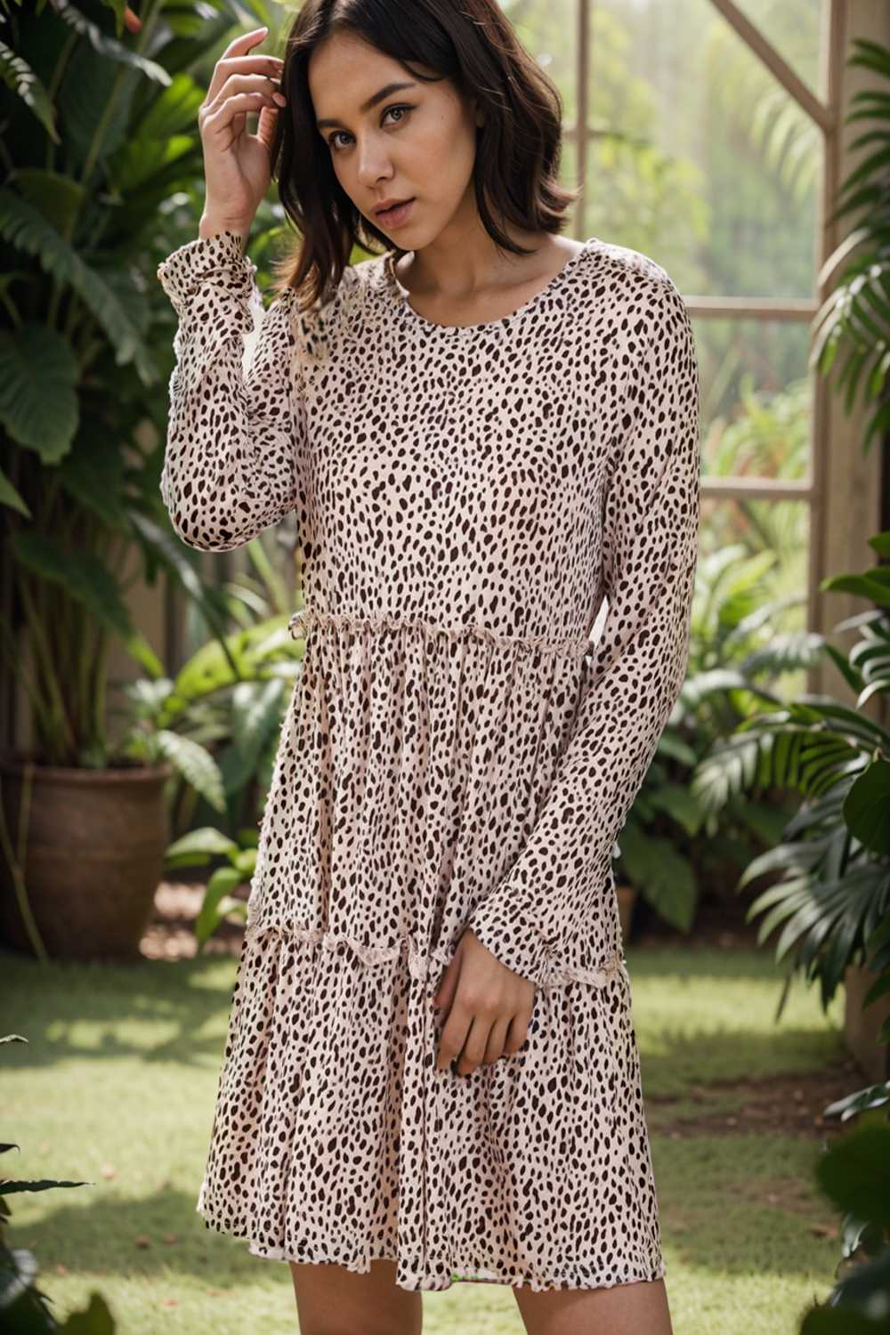 loose leopard print v neck dress drop shoulder a line closed cape paneled 134292
