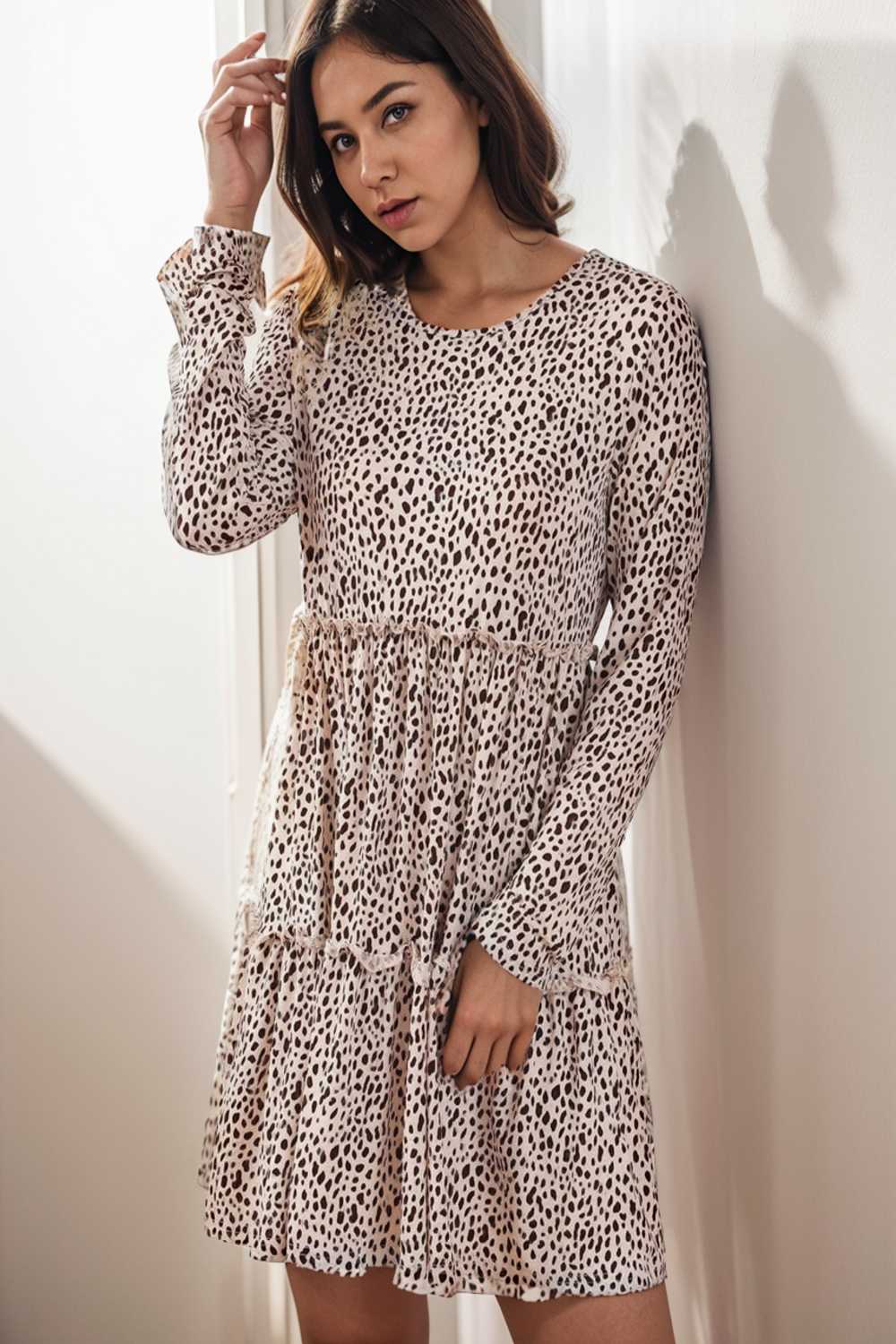 loose leopard print v neck dress drop shoulder a line closed cape paneled 142479