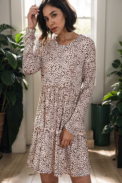 loose leopard print v neck dress drop shoulder a line closed cape paneled 128377