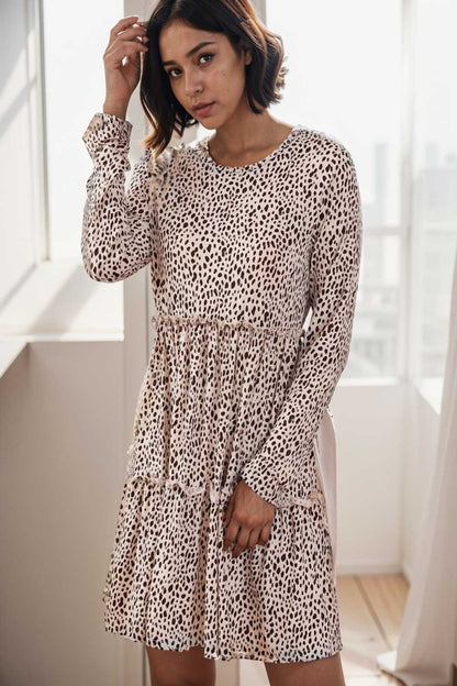 loose leopard print v neck dress drop shoulder a line closed cape paneled 131197