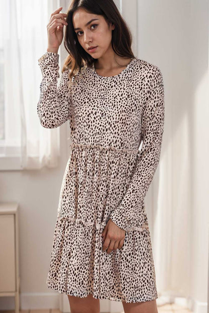 loose leopard print v neck dress drop shoulder a line closed cape paneled 105182
