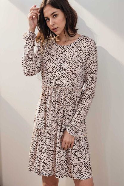 loose leopard print v neck dress drop shoulder a line closed cape paneled 127573