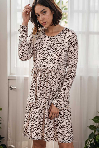 loose leopard print v neck dress drop shoulder a line closed cape paneled 133222