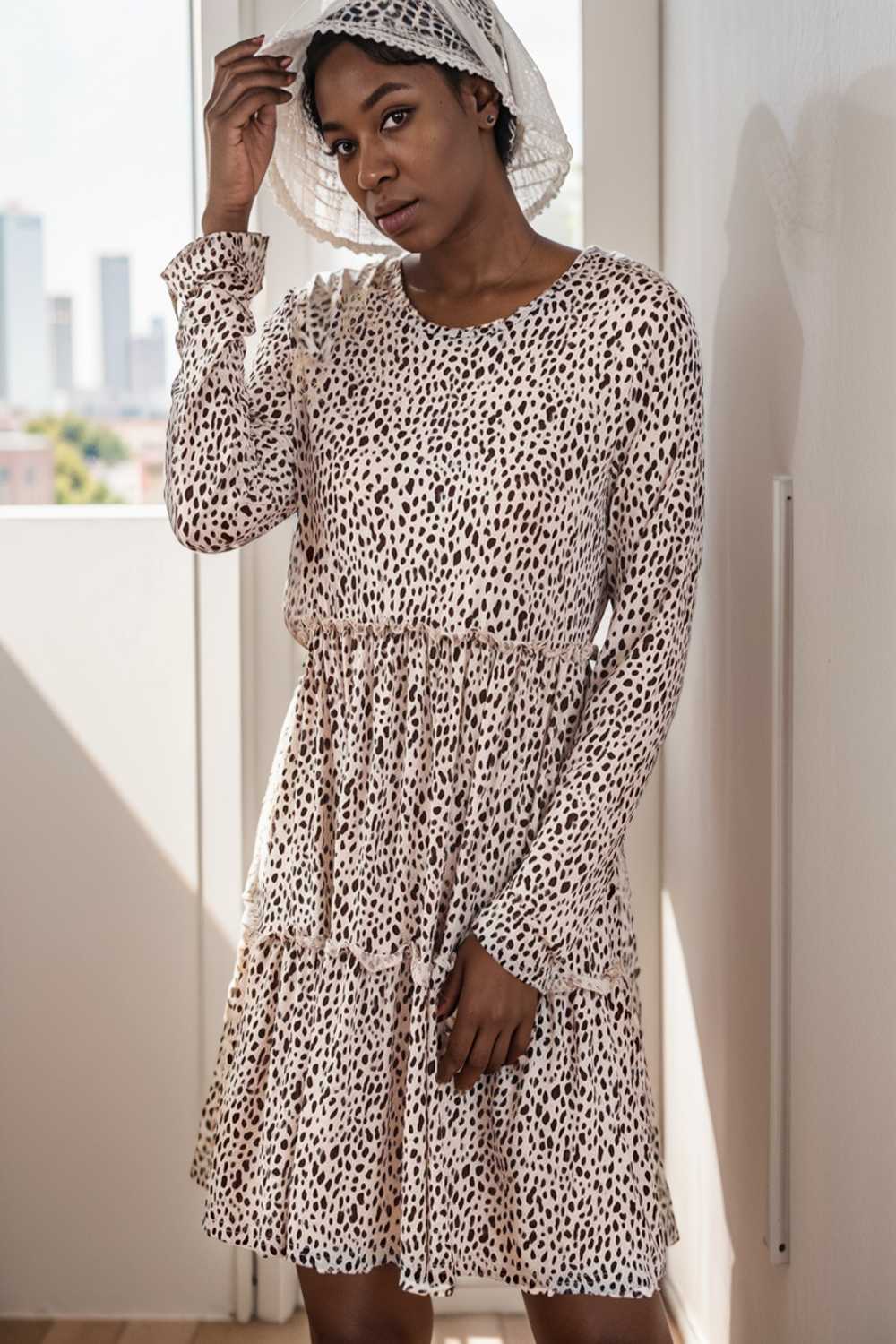 loose leopard print v neck dress drop shoulder a line closed cape paneled 127572