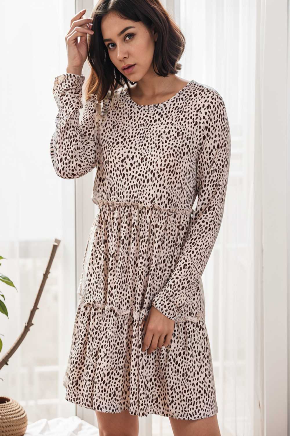 loose leopard print v neck dress drop shoulder a line closed cape paneled 142477