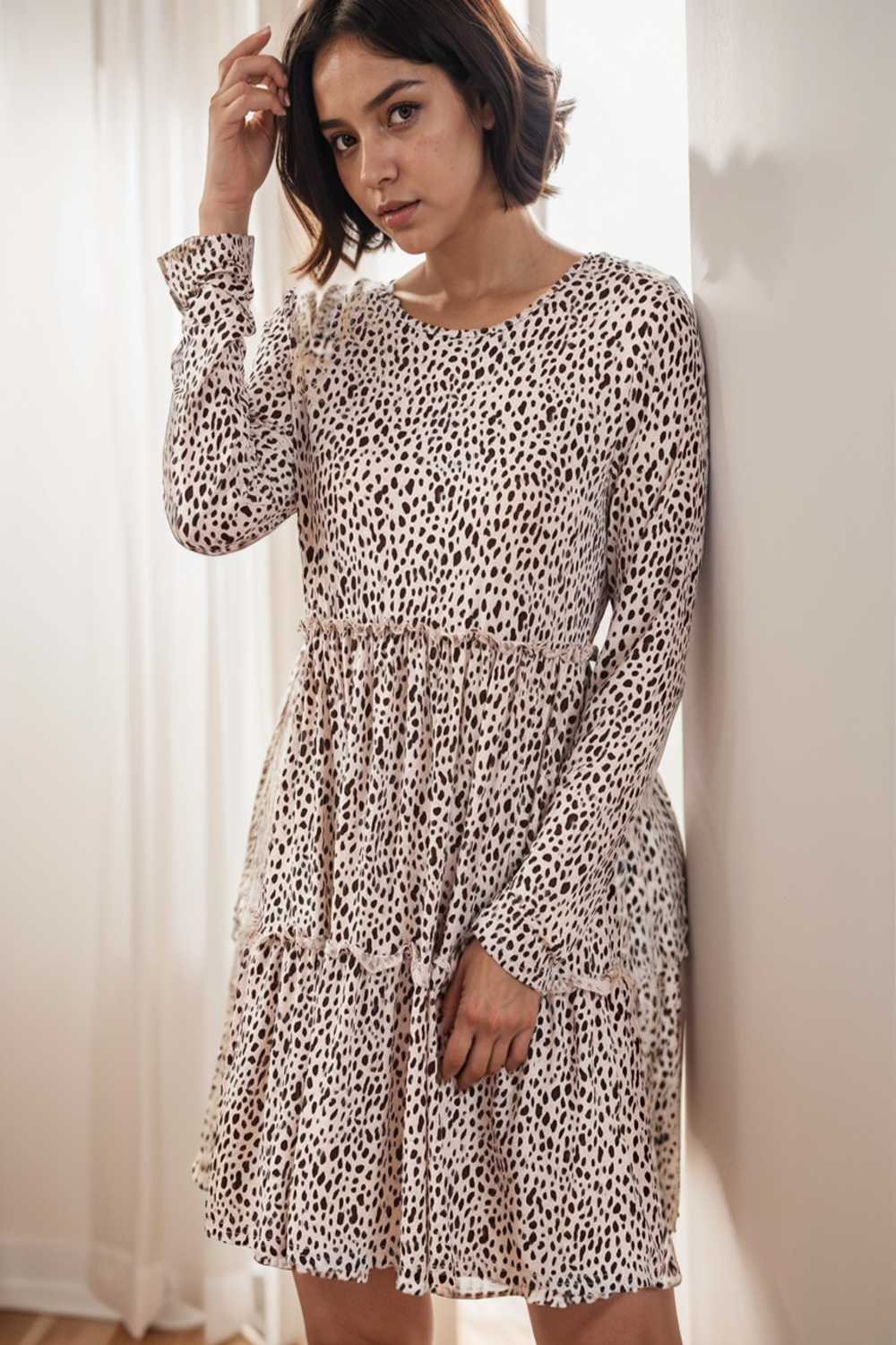 loose leopard print v neck dress drop shoulder a line closed cape paneled 105181