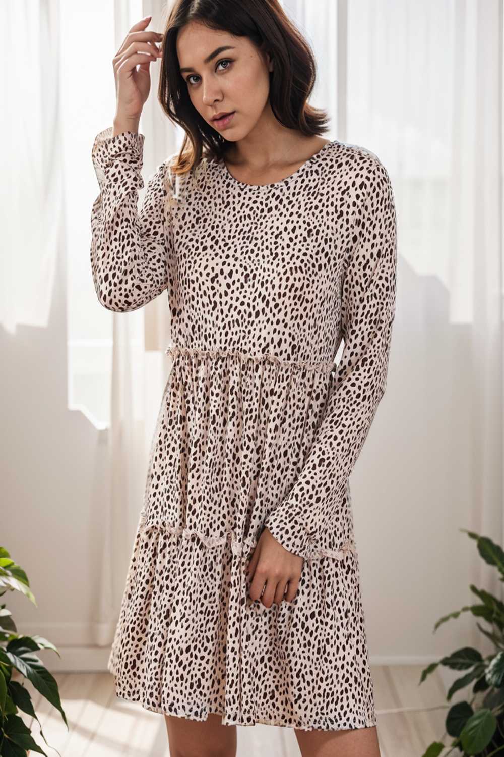 loose leopard print v neck dress drop shoulder a line closed cape paneled 132949