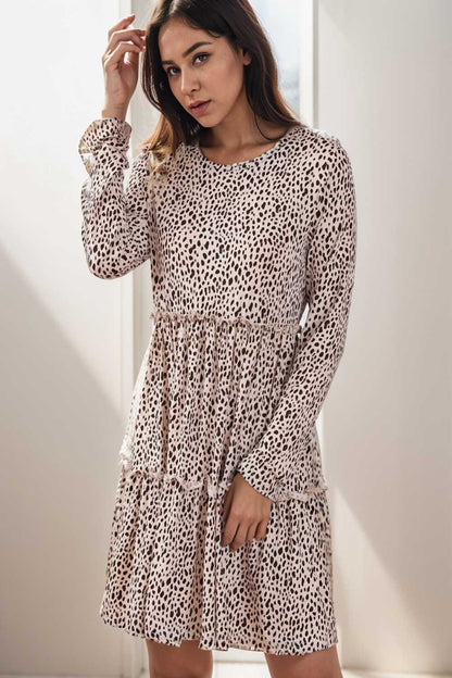 loose leopard print v neck dress drop shoulder a line closed cape paneled 135415