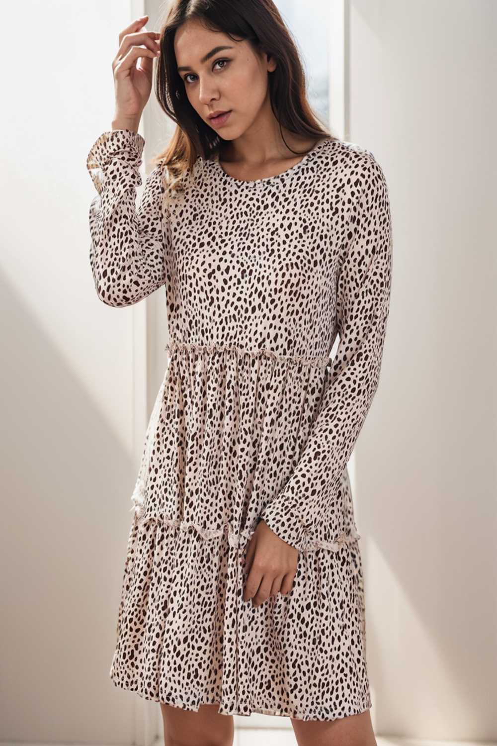 loose leopard print v neck dress drop shoulder a line closed cape paneled 147694