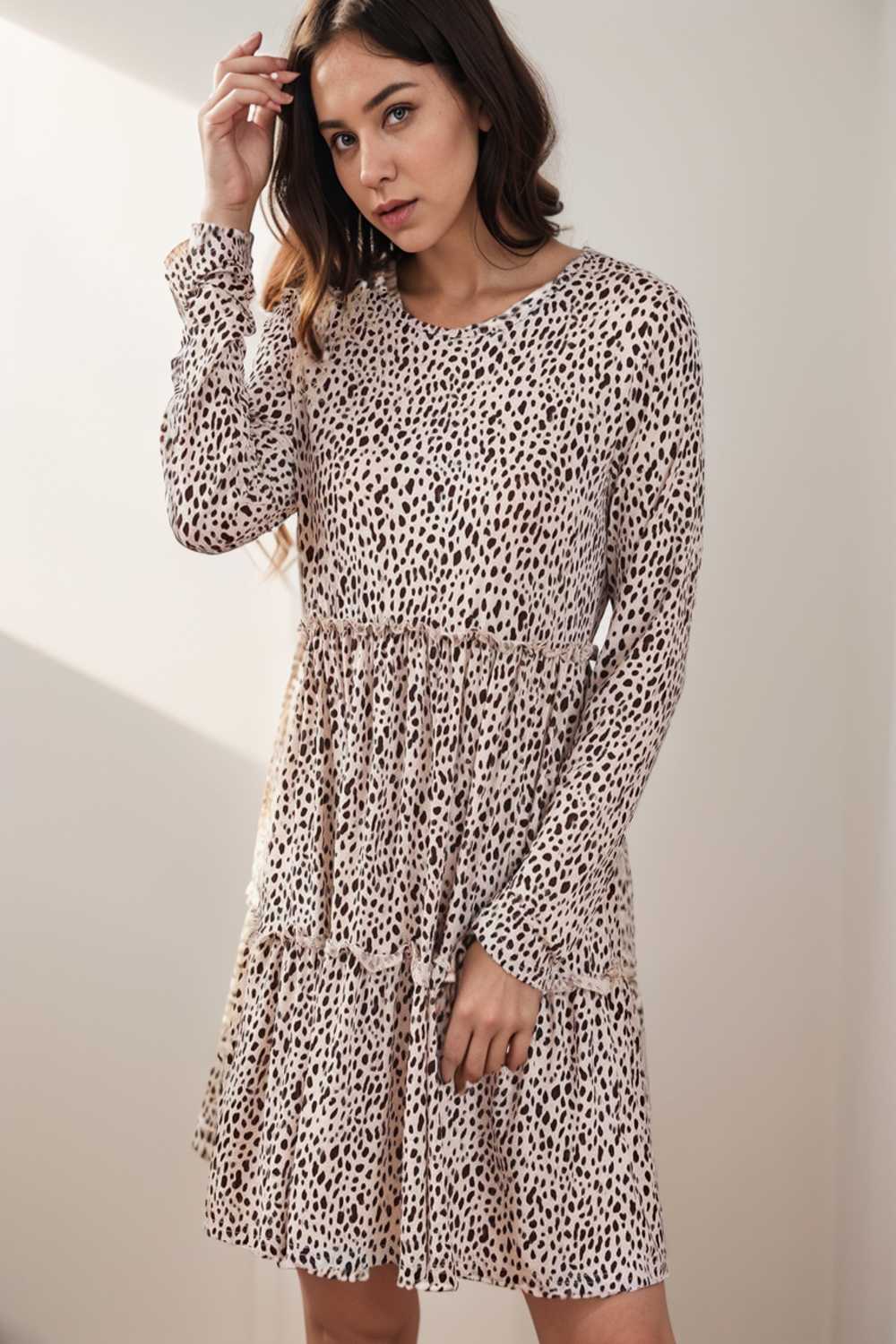 loose leopard print v neck dress drop shoulder a line closed cape paneled 123135