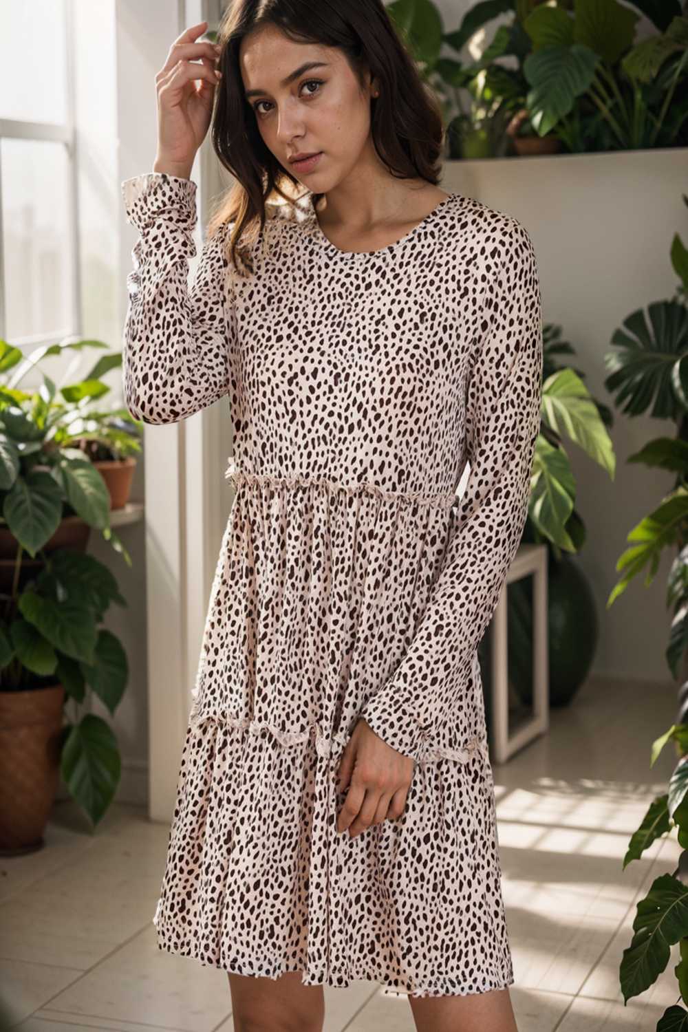 loose leopard print v neck dress drop shoulder a line closed cape paneled 105180