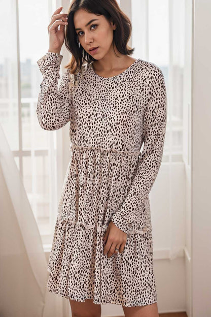loose leopard print v neck dress drop shoulder a line closed cape paneled 127571