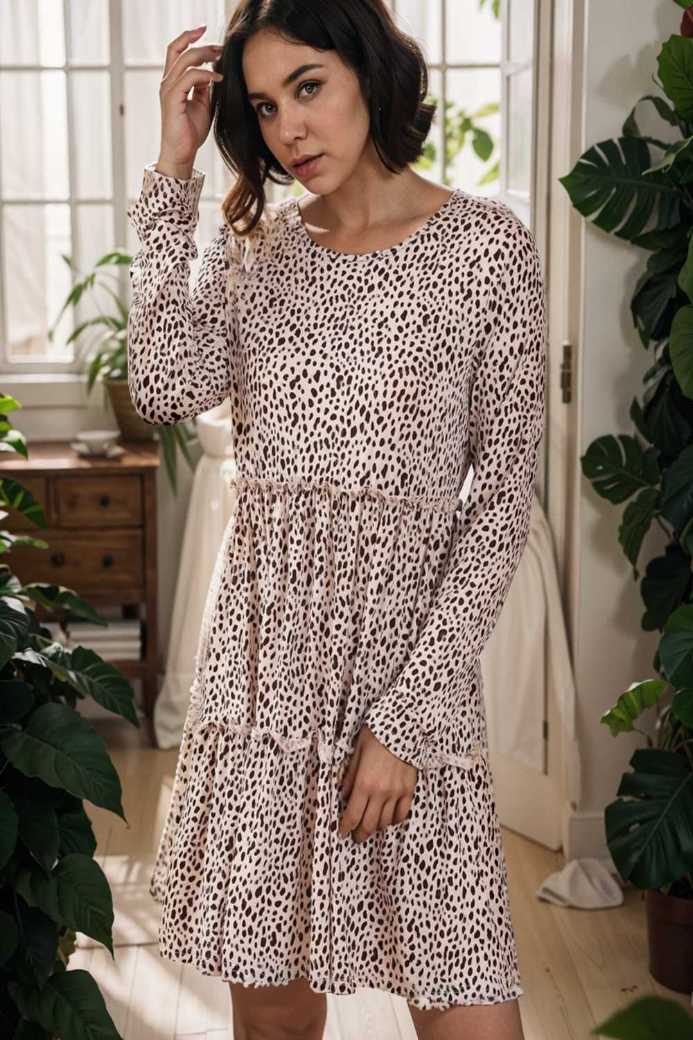 loose leopard print v neck dress drop shoulder a line closed cape paneled 132948