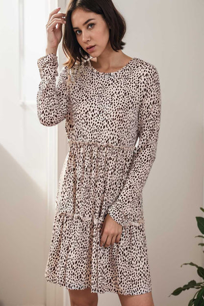 loose leopard print v neck dress drop shoulder a line closed cape paneled 142475