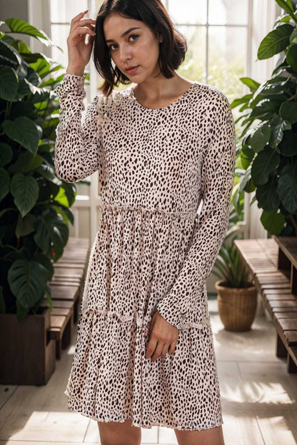 loose leopard print v neck dress drop shoulder a line closed cape paneled 105179