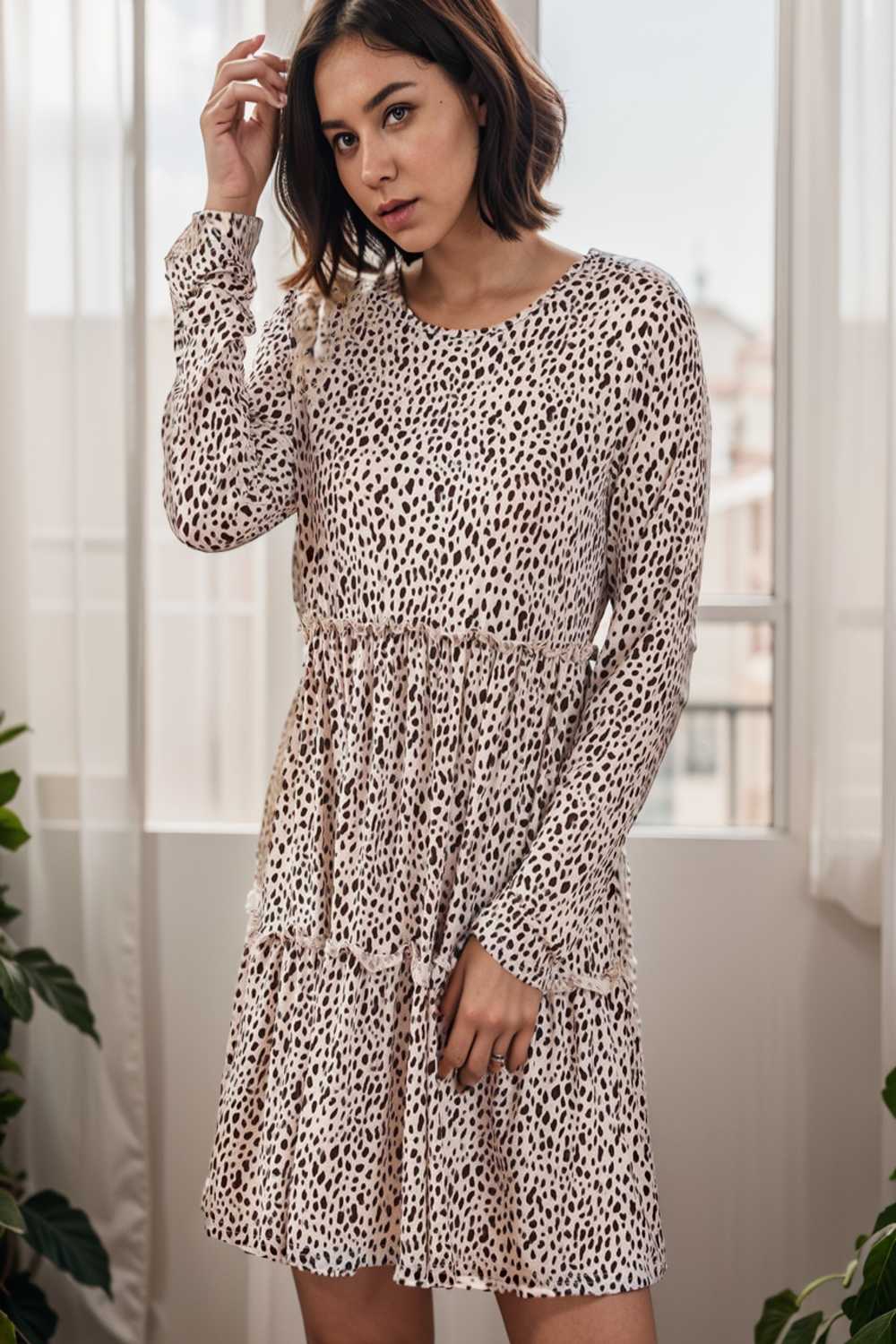 loose leopard print v neck dress drop shoulder a line closed cape paneled 145159