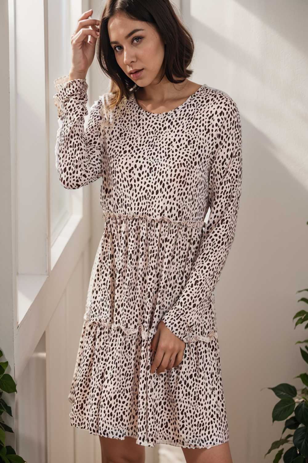 loose leopard print v neck dress drop shoulder a line closed cape paneled 132946