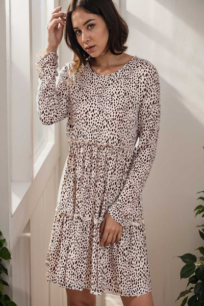 loose leopard print v neck dress drop shoulder a line closed cape paneled 132946