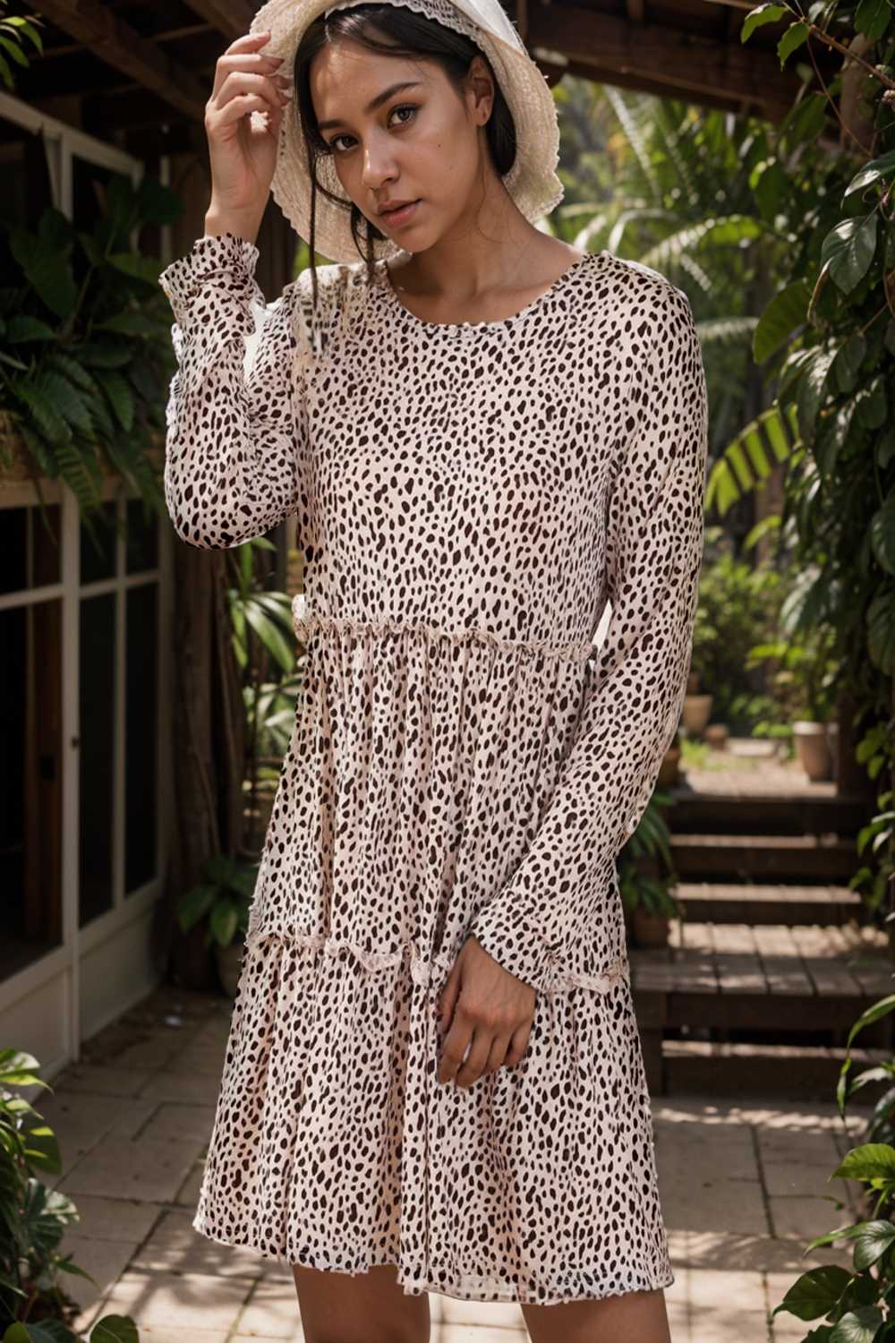 loose leopard print v neck dress drop shoulder a line closed cape paneled 105178