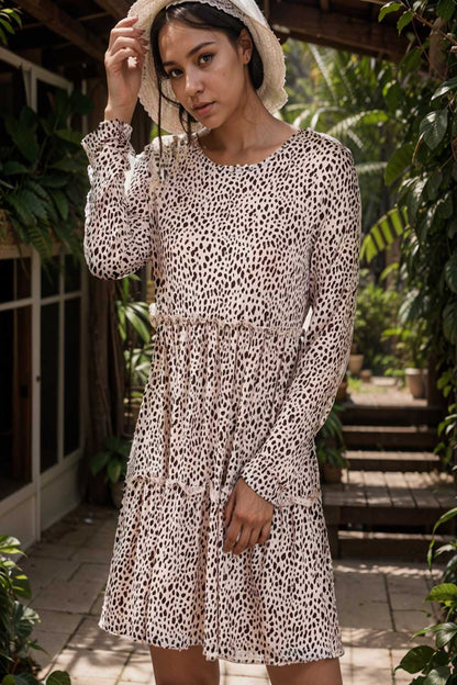 loose leopard print v neck dress drop shoulder a line closed cape paneled 105178
