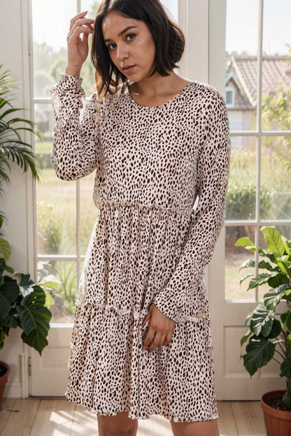 loose leopard print v neck dress drop shoulder a line closed cape paneled 105177